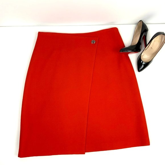 Hugo Boss Dresses & Skirts - Hugo Boss Vubali Red Wool Blend A-Line Faux Wrap Skirt Sz 14